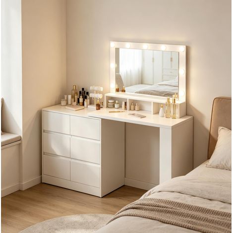 Toeletta bianca con specchio LED rettangolare 90 x 134,5 x 40 cm DESVIAE (1/5)