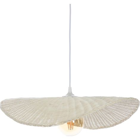 Luminaire Padang, lustre chips - lampe suspendue en rotin tressé naturel puis blanchi - câble plastique blanc, douille E27 - possibilité ampoule LED - 60W maxi, Diam. 38 x H. 7 cm (1/2)