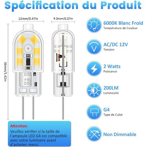 10er-Pack G4 2W 12V LED-Lampen, Kaltweiß 6000K 200lm, Ersatz für G4 10W 20W Halogen-Strahler, nicht dimmbar, 12V AC/DC LED-Lampe mit Stiftsockel für Dunstabzugshauben