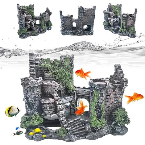 décoration aquarium : ornements résine, décorations château ruine classique, accessoires aquarium, paysage polyrésine poissons, crevettes, tortues (château) (1/5)