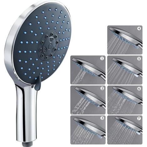 Pommeau de douche douchette, grand pommeau de douche économiseur d'eau haute pression pommeau de douche universel chromé, 7 types de jets différents douche, pommeau de douche économique douche (1/4)