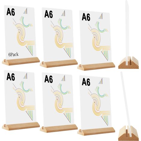 Lot de 6 Suppots Acylique A6 avec Base en Bois – Pésentoi de Table pou Menus, Flyes, Affiches – Suppot Vetical/Incliné en Plexiglas – Pou estauant, Comptoi (1/3)