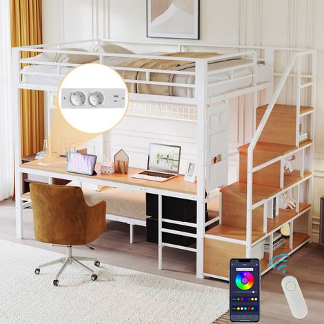 Lit Mezzanine métal 140x200 avec Bureau, LED et Prise, Lit Superposé Enfant 2 Places avec Rangements Ouverts et Tiroirs Tissu, Lit en Hauteur, Blanc