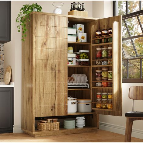 Hoher Schrank 100 x 40 x 162,5 cm aus MDF und Metall, Eiche hell, 8 Ebenen – MEUBLIV (1/5)
