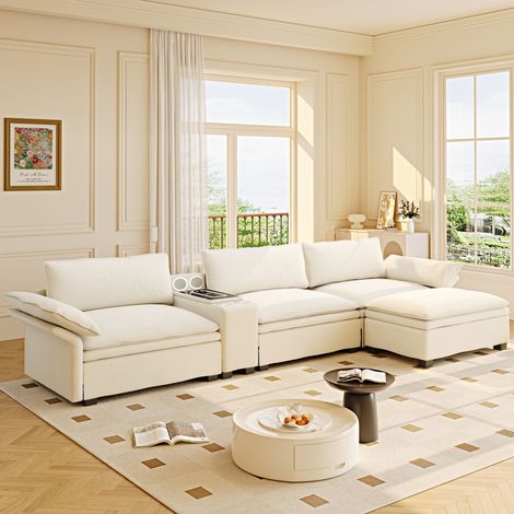 Canapé d’angle modulable en L 315 cm avec coffre, pouf, charge sans fil, haut-parleur, éclairage LED, 2 porte-gobelets, chenille, Beige (1/5)