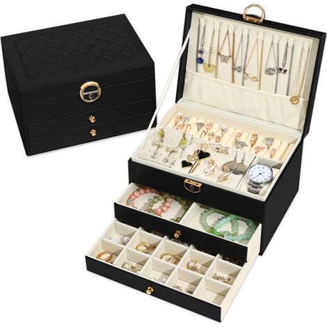 3-layer jewelry box with 2 drawers, elegant leather jewelry box, ideal for necklaces, bracelets, rings and earrings, black (1/5)