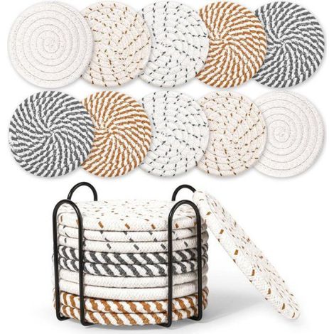 Sous-verres ronds avec support - Lot de 10 - Isolation - Tissés - Pour verres et tasses (1/5)