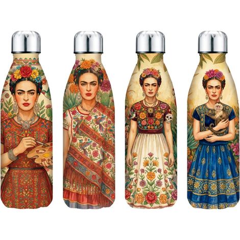Set de 4 botellas térmicas de metal mujer mexicana flores (1/5)