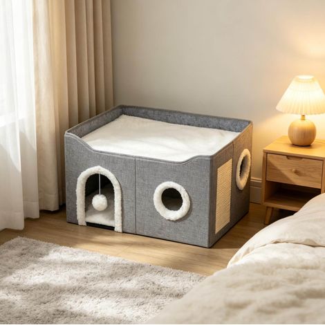 Casa plegable para gatos de interior con rascador, cama elevada y cojín reversible, gris (1/5)