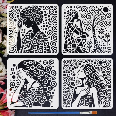 4 Pièces Pochoirs Peinture Femmes Oniriques avec un Pinceau 30x30 cm Pochoir Thème Rêveur Pochoirs Abstraits Femmes Arbres Fleurs pour Journal Scrapbook DIY Artisanat Déco Mur Sol Tissu (1/5)