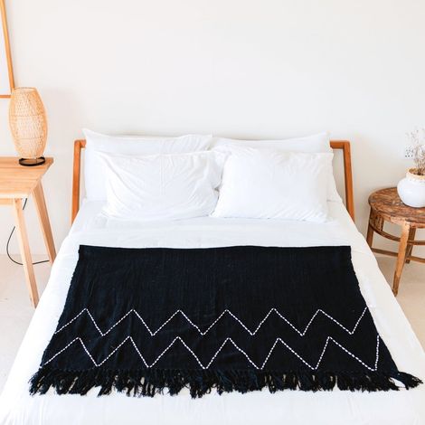 Jeté de Canapé Noir en Coton Tissé Main avec Franges et Motif Zigzag Bohème 140 x 200 cm - PANGIVO (1/5)
