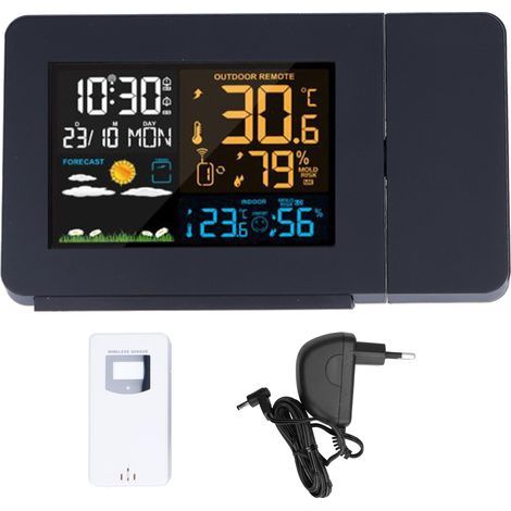 Horloge météo multifonctionnelle avec écran couleur projeté, thermomètre d'humidité portable noir, prise UE 220 V (1/5)
