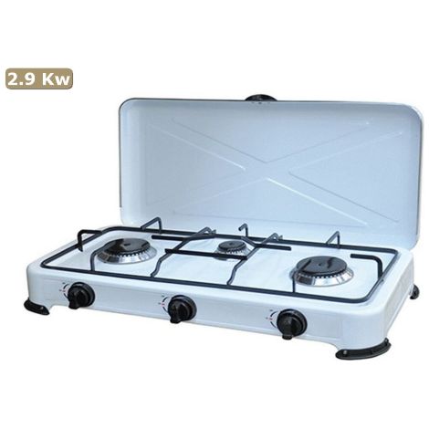 Réchaud à gaz 3 feux en acier émaillé blanc 2,9 kW – Pieds antidérapants – Dimensions 58x28x11 cm – Pour camping et pique-nique