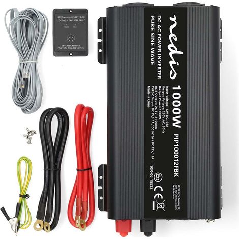 Nedis Power Inverter reine Sinus-Wellen / Eingangsspannung: 12 V DC / Geräteausgangsanschluss: Type F (CEE 7/3) / USB-A / 1x USB-C™ / 230 V AC 50 Hz / 1000 W / Spitzenleistung: 2000 W / Schraubklemme 