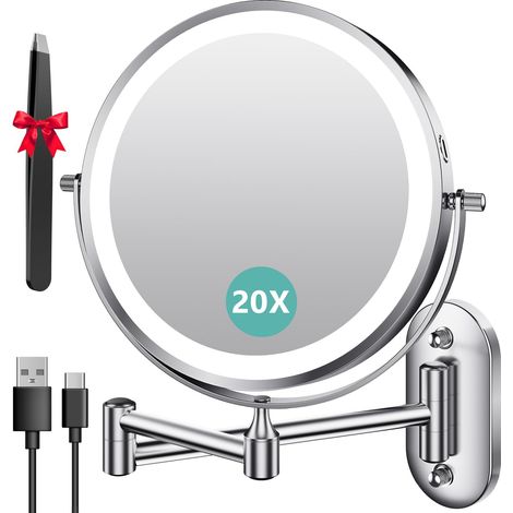 Miroir Grossissant Mural Rechargeable 3200 mAh 1X/20X, Argenté Bouton tactile double face, bras extensible rotatif 360°, 3 lumières, intensité réglable, idéal pour salle de bain et chambre (1/5)