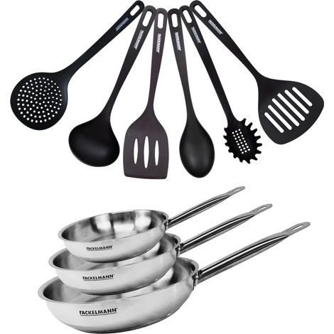 Set de 3 poêles 20 24 et 28 cm en inox et 6 ustensiles Fackelmann Eterna (1/5)