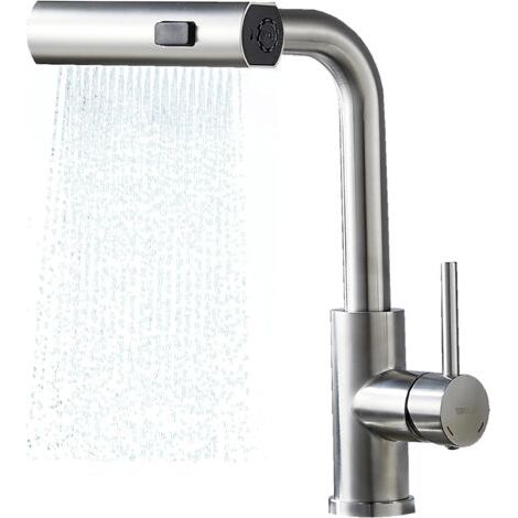 Robinet de cuisine avec douchette extractible, 3 types de jet, robinet d'évier pivotant à 360°, mitigeur en acier inoxydable SUS304, brossé (1/5)
