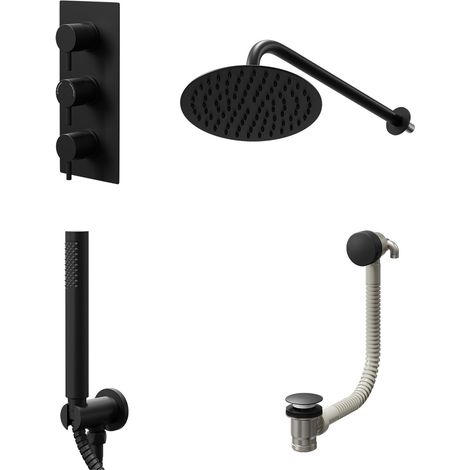 Colore Round Matt Black Concealed Triple Thermostatic Shower Valve with Diverter and 200mm Fixed Head with 345mm Wall Arm and Outlet Holder with Kit and Free-Flow Bath Filler - 3 Outlet (1/5)