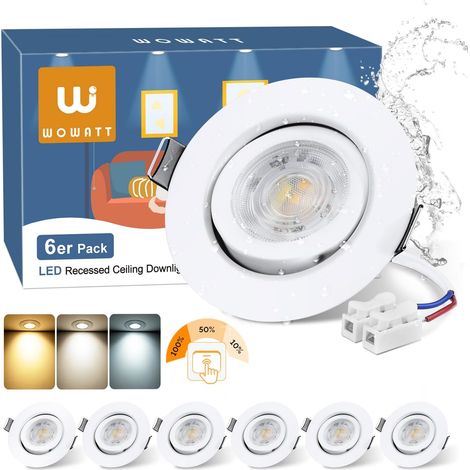 Lot de 6 Spot LED Encastrable 68mm Orientable, 6W 640LM Spot LED Dimmable, Blanc Chaud 3000K Blanc Neutre 4000K Blanc Froid 6000K Réglable, IP44 Spot Salle de Bain Extra Plat pour Salon Cuisine