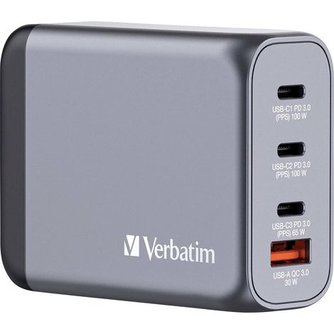 Verbatim GNC-100 Adaptateur de voyage 100 W 1x USB-A, 3x USB-C® Power Delivery, Power Delivery 3.0, QC 3.0 gris GaN, avec adaptateur pour l'Europe, a W990773 (1/5)