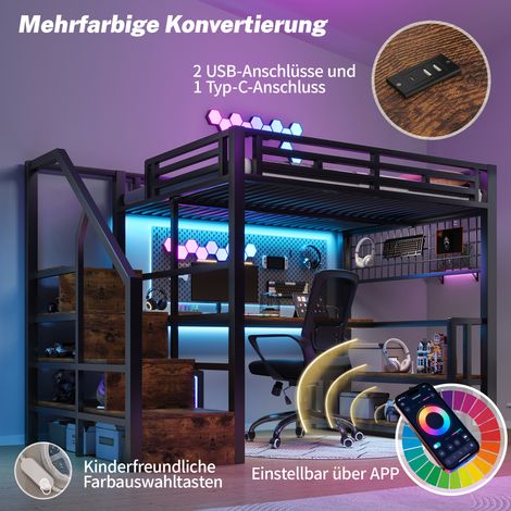 Lit mezzanine 140x200 cm, structure en acier noir, étagère intégrée, filet hamac, bande lumineuse LED, bureau, escalier avec tiroirs, 2 ports USB + 1 prise Type-C, sans matelas