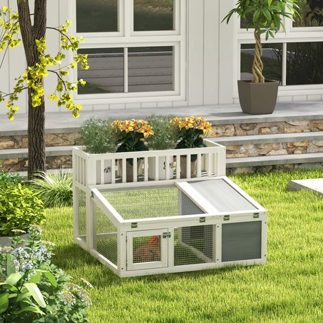 Clapier, cage à lapin en bois avec étagère pour plantes grand espace en bois, plusieurs portes Dim. 94L x 90l x 60H cm