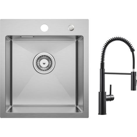 Cecipa Lavello da cucina 1 vasca spazzolato 40×45 cm Lavello in acciaio inox 304 da incasso + miscelatore da cucina a molla con doccetta estraibile, rubinetto lavello 2 modalità di uscita dell'acqua, (1/5)