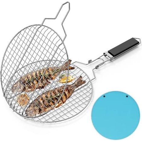 Rejilla redonda plegable de acero inoxidable con mango extraíble para barbacoa, verduras, pescado, camarones y cocina al aire libre.