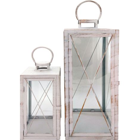 Rebecca Mobili Set 2 Lanterne Bianche Portacandele Grandi in Metallo PVC Per Casa Esterno