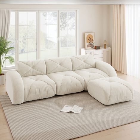 Divano modulare 3 posti beige chiaro in chenille con poggiapiedi, sfoderabile senza montaggio (1/5)