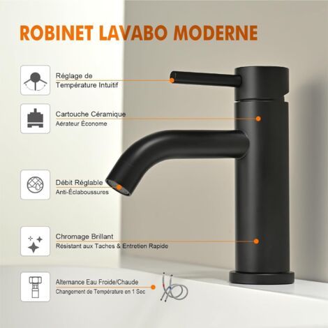 Robinet de lavabo - Robinet mitigeur monocommande, mitigeur de lavabo à tiroir en céramique silencieux, corps en acier inoxydable, noir. (1/3)