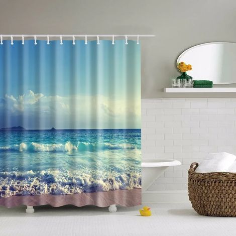 Rideau de douche à motif coquillages, étoiles de mer, conques, palmiers bleus et coucher de soleil, décor de salle de bain, 180 x 210 cm (70 x 83 pouces), 180 x 210 cm (70 x 83 pouces)