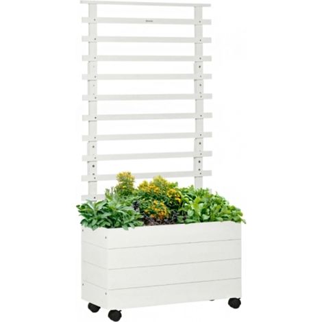 Jardinière avec treillis, bac à fleurs sur roulettes, plate-bande surélevée pour plantes grimpantes, bois naturel, blanc, 76 x 30 x 155 cm pour jardin