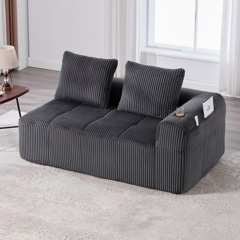Gemütlicher Cord-Stoff Zweisitzer Sofa – Ohne Montage, weiche Rückenkissen, seitliche Aufbewahrungstasche für Fernbedienung und Handy, integrierter Getränkehalter – ordentlich und ästhetisch.