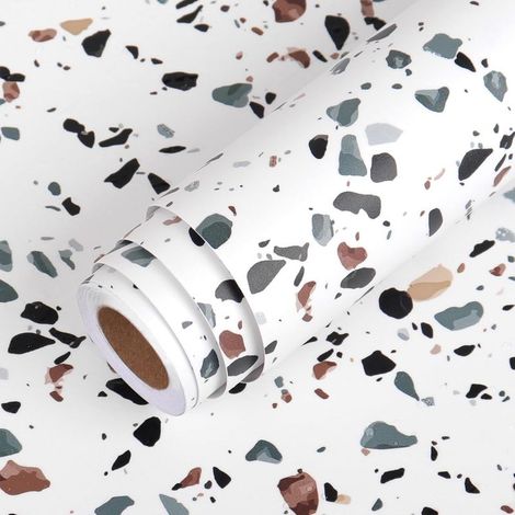 Terrazzo Papier Adhesif pour Meuble Cuisine Blanc 60cm x 400cm Revêtement Plan de Travail Cuisine Adhésif en Effet Pierre Film Adhesif pour Meuble Vinyle Imperméable pour Table Armoire Salon (1/5)