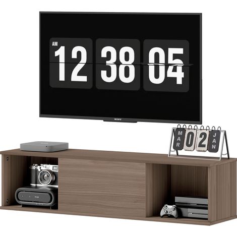 Wandmontiertes TV-Möbel, 120 cm, Hängeregal mit 2 offenen Fächern und einer Klapptür, braun, 120 x 30 x 29,5 cm