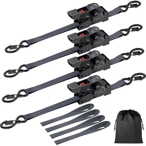 Justech Lot de 4 sangles à cliquet rétractables de 35 mètres - Résistance à la rupture de 640 kg (1411 lb) - Sangles d'arrimage à cliquet robustes pour automobile avec boucles souples et sac de rangem (1/4)
