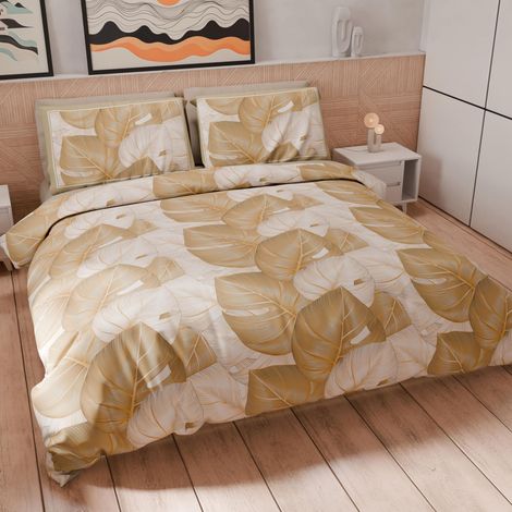Housse de Couette 2 Places 250x200 cm 2 Taies 50x80 cm Incluses, Parure en Microfibre Imprimée Tropical Taupe O (1/5)