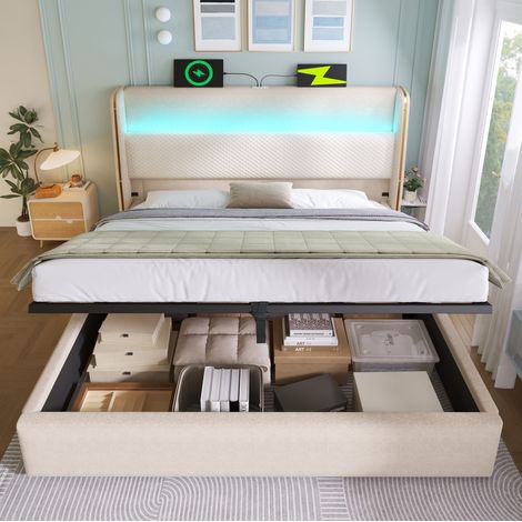 Cama con canapé 180x200 cm hidráulica con LED, USB/Type-C, cabecero alto, beige HAVRYA (1/5)