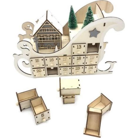 Calendrier De L Avent En Bois - Traîneau Avec 24 Tiroirs Et Lumière LED - Décoration De Noël Réutilisable (1/5)