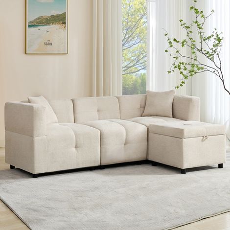 Canapé d'angle 3 places avec pouf de rangement amovible et 2 coussins, en chenille (1/5)