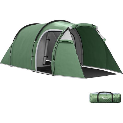 Tente tunnel camping 2-3 personnes, 426×206×154cm, vert foncé, espace vie, chambre, portes, fenêtres latérales, sac transport