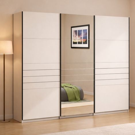 Kleiderschrank Groß Tures, Schlafzimmer-Schrank mit Kleiderstange, 3 Regalböden, Schiebetüren, 267x217h cm Cremeweiß (1/5)