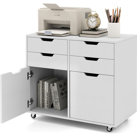 Costway – Caisson bureau à roulettes 4 tiroirs – Rangement A4 et lettres – 2 grands placards – Support imprimante mobile avec 5 roulettes – 73 x 40 x 64,5 cm – Blanc (1/5)