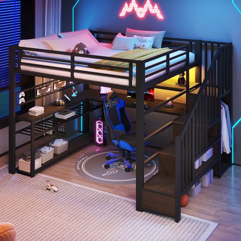 Lit mezzanine gaming en métal 140x200, lit mezzanine enfant avec éclairage LED, armoire, bureau et espace de rangement, noir (1/5)