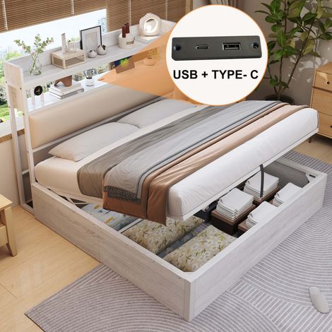Lit 180x200 cm avec rangement hydraulique, tête de lit rembourrée, USB, bois et métal, 36 lattes, blanc, sans matelas (1/5)