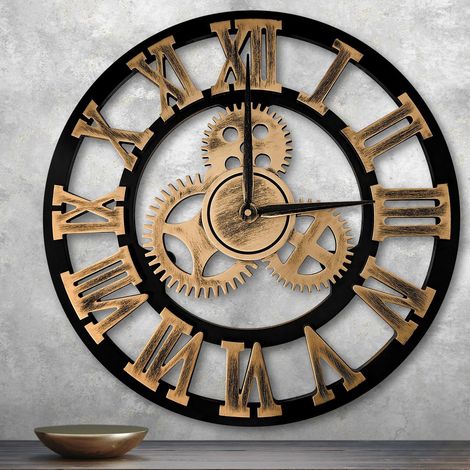 Grande horloge murale sans bruit de tic-tac - 58 cm - Horloge silencieuse 3D - Vintage - Grande taille - Chiffres romains - Horloge suspendue pour salon, cuisine, chambre à coucher - Doré (1/5)