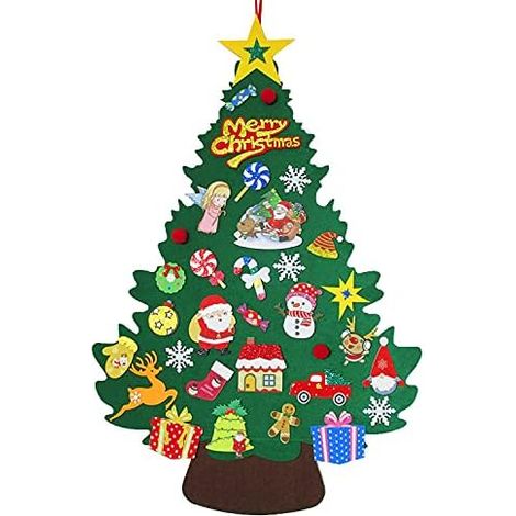 Sapin de Noël mural en feutre, décoration murale suspendue pour porte et entrée, ornement amovible pour maison, cadeau de fête, lot de 33 pièces, 70×100 cm (1/5)