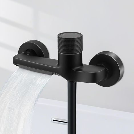 Shower mixer tap with safety button,  bath mixer tap with waterfall,  2 outlets,  thermostat,  shower mixer with thermostat,  brass shower thermostat,  black (1/5)