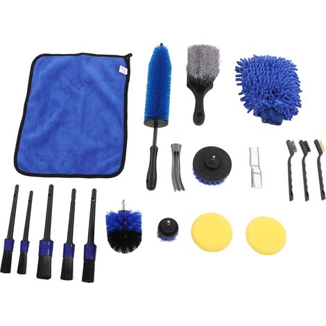 Kit de nettoyage automobile 18 pièces : brosses, perceuses, gants de lavage, chiffons, tampons de cire, outils de nettoyage pour jantes et tuyaux d'échappement (couleur B). (1/5)